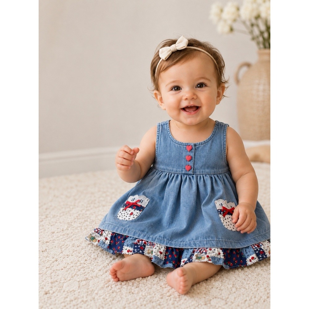 Sparkle Vintage Girls Denim Dress Quilt Pattern Southern USA Size 3T Apple